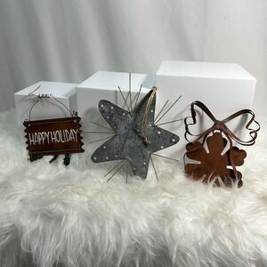 Rustic Metal Christmas Ornaments Set of‎ 3 Snowflake Star Happy Holiday